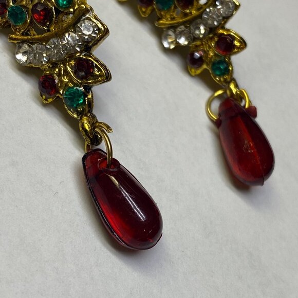 Christmas Color Earrings Pierced Post Dangle Drop Rhinestone Holiday Wear - Picture 6 of 10
